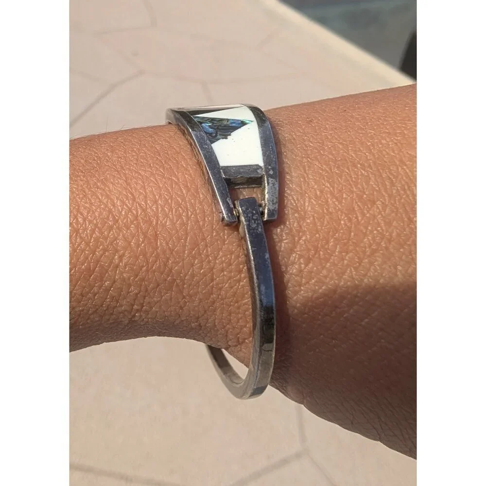 Vtg Mexican Bracelet Alpaca Silver Cuff Abalone & mother pearl inlay handmade